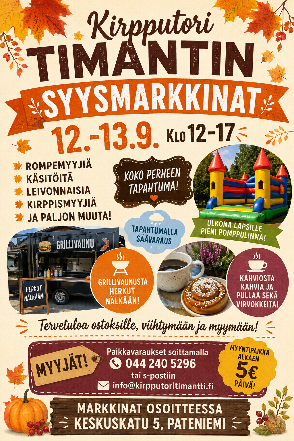 Myyntipaikat:  Rekitön 15€/vk  Rekillinen 19,90€/vk 33,9€/2vk Iso rekkipaikka 24,90€/vk, 39,90€/2vk UUTISIA! 1.8.2026 alkaen olemme avoinna La-Su 12-17, Ti-Pe 11-19!